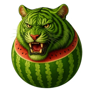 Edit the watermelon tiger character to have an angry expression. Keep the transparent background. sticker