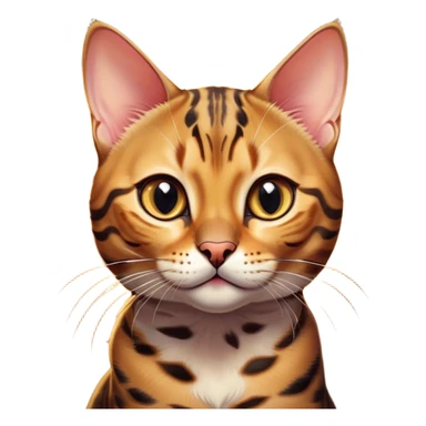 Cinematic Cute Bengal Cat Portrait Emoji, Head tilted playfully and inquisitively, sleek spotted brown and gold tones, Simplified yet adorable features, highly detailed, glowing with a warm, friendly glow, high shine, curious and affectionate, stylized with a touch of whimsy, bright and alert, soft glowing outline, capturing the essence of a mischievous yet loving kitten, so endearing it feels like it could pounce out of the screen and play! sticker