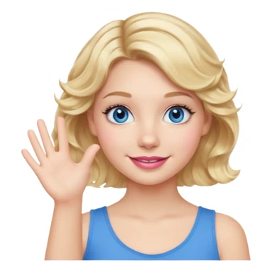 Girl Blonde short wavy hair,  blue eyes, cute blue top, long lashes, pink lips, smiling, waving hello  sticker