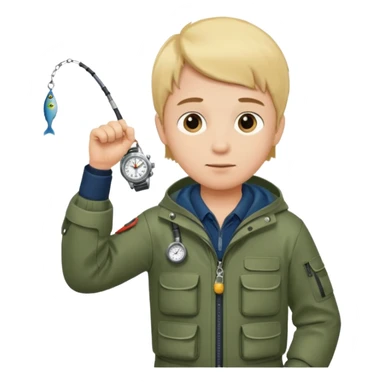 Boy in fishing suit looking at his wristwatch sticker