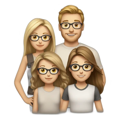 White family of 4, 1 brown hair mom, 1 brown hair boy, 2 girls with glasses and long blond hair sticker