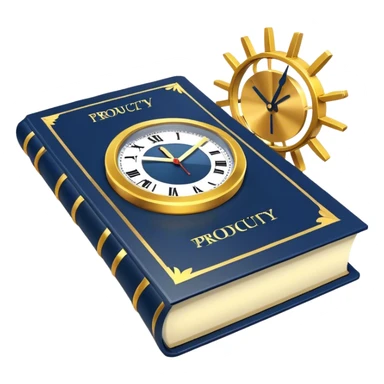 A navy blue productivity book with gold details, running clock and chart with upward trend aura, radiating productivity, strategy, and success in motion with time and happiness yellow sticker