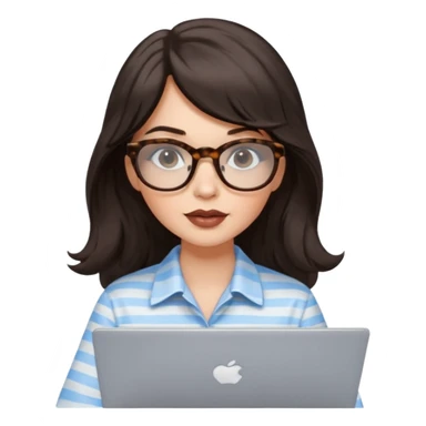 A white woman with long wavy dark brown hair and a whispy bang, wearing thick tortoise SQUARE glasses. She has long lashes and a nude browny glossy lipstick. She's wearing an oversize light blue shirt with white strips. She's working on a laptop sticker