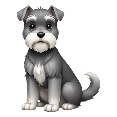cinematic-[schnauzer]-realistic-full-body-sitting-emoji,-tail-resting-loosely-beside-its-paws,-head-tilted-dramatically, -sleek-[grey and white]-fur,-simplified-yet-realistic-focused-features,-highly-detailed,-glowing-with-an-almost-sarcastic-glow sticker