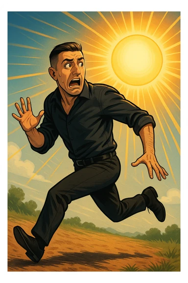 Uomo che corre via dal sole spaventato perchè pensa sia nocivo sticker