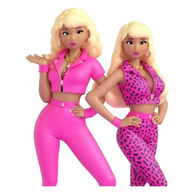 Nicki Minaj wearing pink and white leopard print Super Bass outfit with bangs and split-dyed hair blonde on left side pink on right side sticker