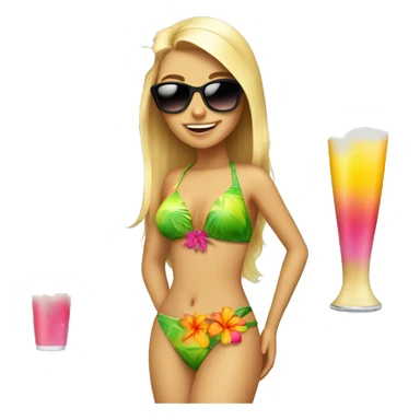 Blonde girl with a hawaii flower in her head, bikinis and sunglasses and coconut drink sticker