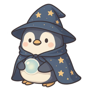 a chubby penguin in wizard attire, with a starry cloak and a glowing orb, looking wise and mystical sticker