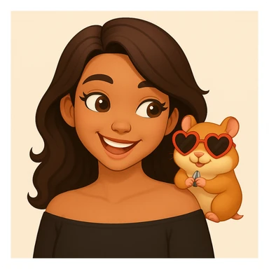Change the hamster's sunglasses to heart-shaped sunglasses. Keep the playful, adorable vibe and the fun, carefree moment between the woman and her hamster. Maintain the modern, clean, warm style. sticker