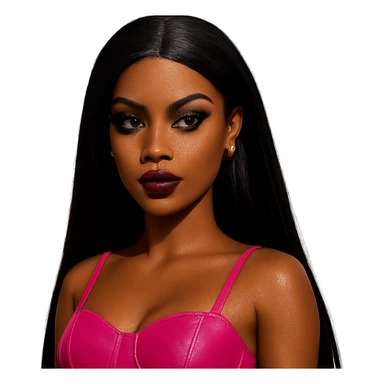 fashionable Barbie baddie, brown skin, straight black hair, dramatic makeup, dark brown eyes, gold stud earrings sticker