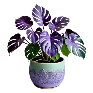 A stunning purple monstera plant with deep violet-green leaves, each leaf elegantly veined with subtle shades of purple, creating an ethereal glow. The plant is flourishing in a beautifully crafted lavender ceramic pot with intricate embossed floral patterns. The background features a softly blurred, moody violet gradient, enhancing the plant’s lush aesthetic. Delicate strands of ivy and tiny lavender blossoms cascade around the pot, adding depth and harmony. Soft, diffused lighting casts a gentle glow, emphasizing the plant’s unique coloration and creating a dreamy, artistic composition. sticker
