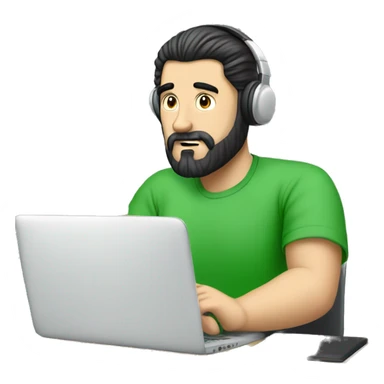 white guy with black hair thin face with beard typing in laptop wearing green t-shirt working in call center sticker