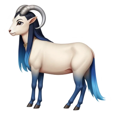 Art of a human white woman's very perfect body scheme anatomy-very long straight black to blue hair ombre-small goat horns-lean back-on knees-superman necklace sticker