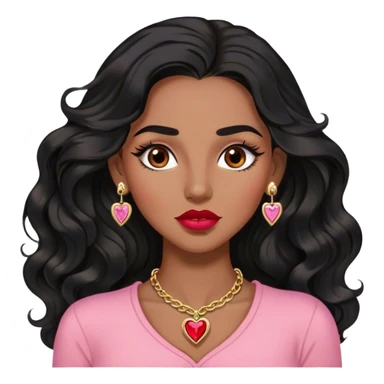 Woman,Medium brown skin,super long black wavy hair, medium brown arched eyebrows, full lashes, red nude lips, diamond stud earrings, gold heart locket, pink shirt sticker