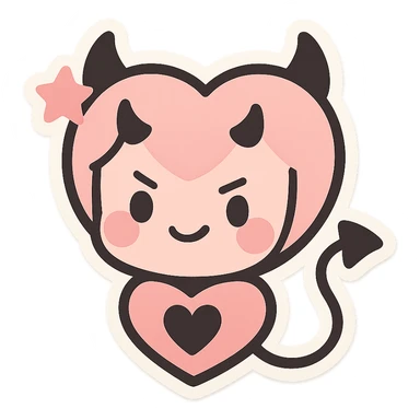 devil emoji, chibi style, pastel pink and black colors, heart-shaped face, tiny horns, cute but mischievous expression, heart motif, star accessory sticker