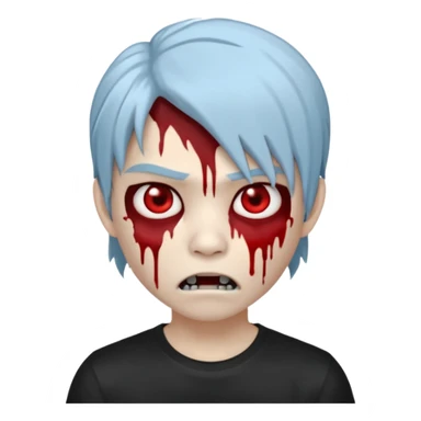 Create a 3D emoji-style avatar with very pale blue-grey zombie skin like the reference image, a young Asian face, and large eyes with blood tears. Give it white mullet-style hair, silver hoop earrings, and a plain black T-shirt. The face expression should be slightly angry, wwhite vampire teeth sticker