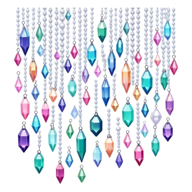 Many cute tiny Iridescent glistening glossy sparkly shiny glittery hanging crystals pearls and beads and gemstones scenery scenic decorations sticker