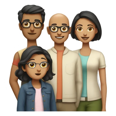 south asian family consisting of 1 bald dad with glasses, mum with glasses and short hair, 25 year old girl with long hair and a 22 year old boy  sticker
