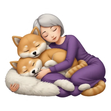 Create a short hair gray hair girl sleeping cuddling with a ton of shiba sticker
