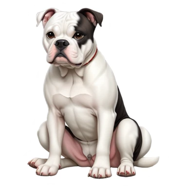 cinematic-[american bulldog]-realistic-full-body-sitting-emoji,-tail-resting-loosely-beside-its-paws,-head-tilted-dramatically,-sleek-[pied black]-fur,-simplified-yet-realistic-focused-features,-highly-detailed,-glowing-with-an-almost-sarcastic-glow sticker