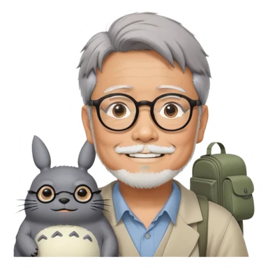 _cinematic-realistic-portrait-of-hayao-miyazaki,-depicted-with--large-rectangular-glasses,-his-happy-expression-rendered-in-lifelike-detail,-illuminated-with-soft,-realistic-lighting-that-emphasizes-his-creative-genius, with totoro sitting on this shoulder  sticker
