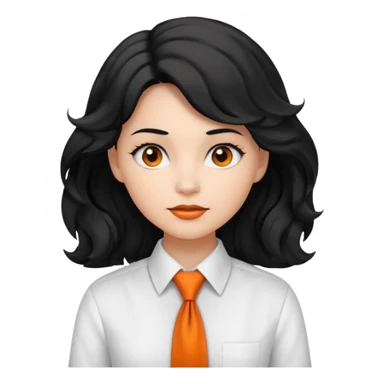 lady in white shirt, orange tie, black wavy hair sticker