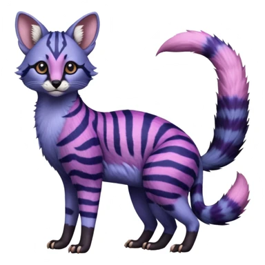 Beautiful fluffy vibrant soft exotic elegant spotted dotted thick puffy hyper-realistic lifelike furry Indigo, purple, violet, pink, Civet-Genet-Possum-Serval-Caracal-Sergal-Trico-Numbat-Furret-fusion-Fakemon-hybrid-creature (full body) with long tufted ears and a striped tufted tail  sticker