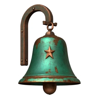 3D render of Church Bell, heavily oxidized copper texture, verdigris patina, Green weathered metal surface, weathered bronze aesthetic, ancient decay, emoji style, isolated on white background --v 6.0. sticker