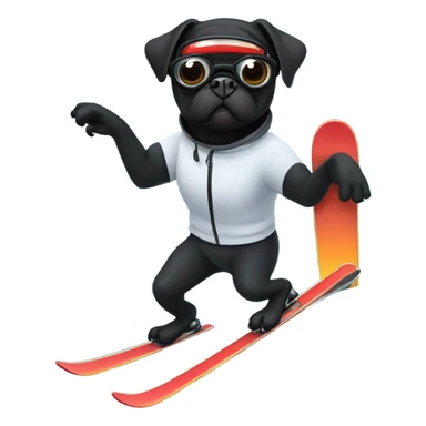 Black pug with a curly tail and goggles skiing on a snowy mountain sticker