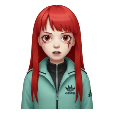 Crie um emoji de uma menina zumbi  com o cabelo vermelho longo com uma franja reta casaco de gola alta da adidas sticker