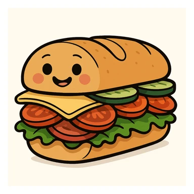 cartoon sub sandwich with a smiling face on the bread, colorful fillings, cute and friendly, bold outlines, isolated on white background sticker