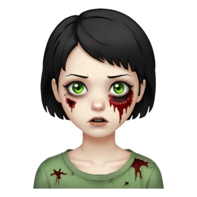 Zombie girl with messy black short hair with lashes and torn cheek and calm face sticker