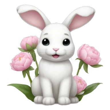 cute white bunny holding light pink peonies sticker
