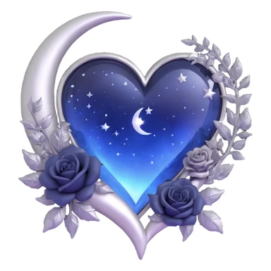 gothic heart, midnight blue glass, silver crescent moon, tiny black roses, shimmering stardust, frost and ice effect sticker
