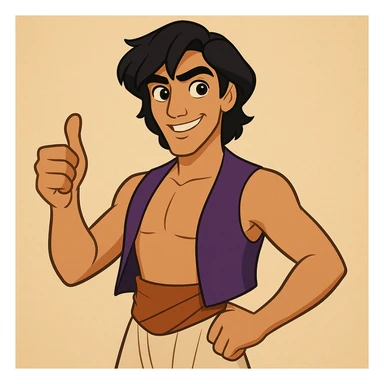 Aladdin giving a thumbs up, modern animated style, confident pose sticker