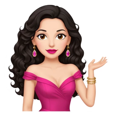 confident mature brunette woman, long black wavy hair, pink lipstick, red dance dress, big earrings sticker