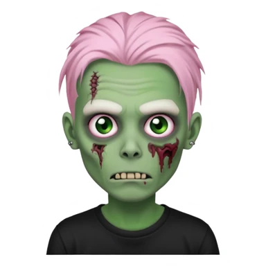 Zombie boy, green skin, white dreads medium long, pink eyes, black tshirt sticker