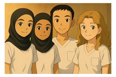 Edit the image to make the first girl on the left the same size as the girls on the right while preserving the original faces and expressions. Generate multiple natural and harmonious variants with slight posture adjustments to keep the group looking natural and cohesive. sticker