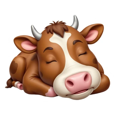 Meme-Worthy Cute Sleeping Brown Cow Portrait Emoji, Head resting peacefully with a contented smile, showcasing a robust build and a luxuriously soft deep brown hide, eyes shut in a serene, restful nap, Simplified yet hilariously adorable features, highly detailed, glowing with a soft, drowsy light, high shine, relaxed and utterly lovable, stylized with an air of playful laziness, bright and heartwarming, soft glowing outline, capturing the essence of a comically sleepy cow, so meme-worthy it feels like it could instantly become the next viral sensation of adorable slumber! sticker