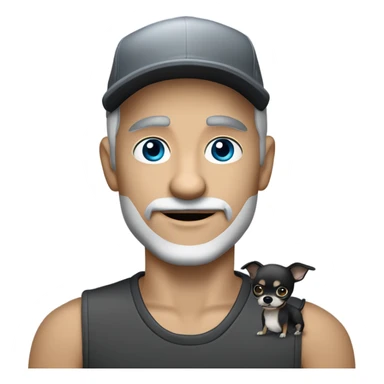 blue eyed man, with grey hair,  grey goatee, wearing ball cap, holding ‘a black long hair chihuahua’ sticker