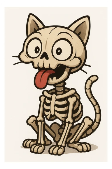stylized skeletal cat with humorous, exaggerated facial expression, wide open eyes, tongue sticking out, bone-like structures forming the rounded head, simplified joint details, cartoon-like, plain white background, cat is the central focus sticker