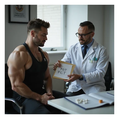 realistic scene of male bodybuilder in sportswear sitting in a medical office, doctor in white coat showing a folder with 'PCT' written on it, post cycle therapy drugs on the table, professional and realistic atmosphere sticker