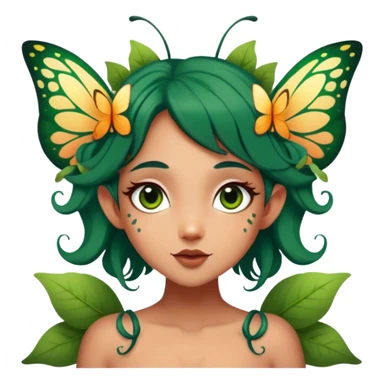 Cinematic Realistic Forest Fairy Portrait, head tilted playfully and inquisitively, showcasing a nature-inspired form with intricately detailed, sunlit tanned skin and cascading dark green hair interlaced with leaves and blossoms showing her large butterfly wings from her back. Her bright, curious eyes sparkle with forest mischief, rendered with lifelike clarity and warm, dappled lighting that captures the spirit of an enchanting woodland fairy ready to dance among the trees. sticker