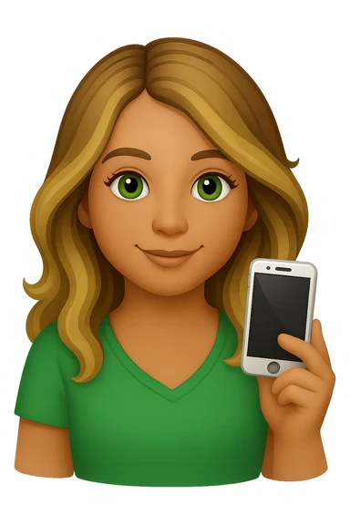 Make her eyes a little darker, give her a rounder face, and a soft smile. Keep the iPhone emoji style with long wavy hair with brown roots and blonde highlights, brown eyebrows, and summer tan. Maintain the transparent background. sticker