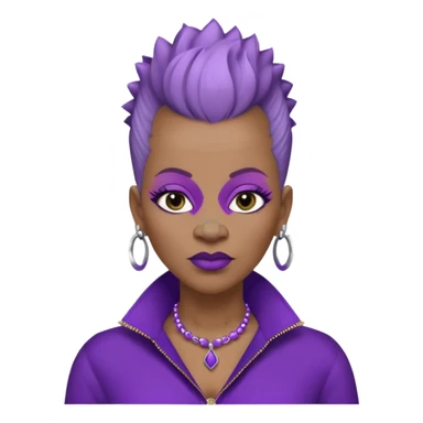 57yr old Qeen black woman with a natural hair mohawk style haircut adorning purple royalty clothing and purle lipstick and lightly colored eyeshadow, with a nose studs on each nostril  sticker