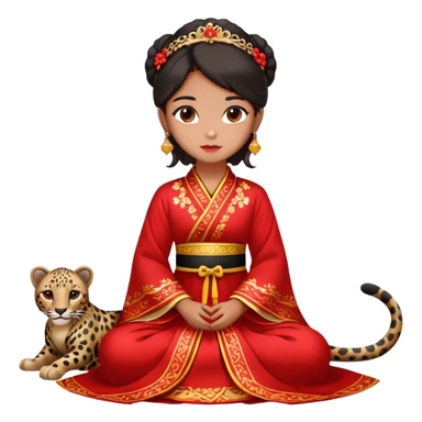 A beautiful girl in red Hanfu wedding dress sits on the ground holding a black leopard sticker