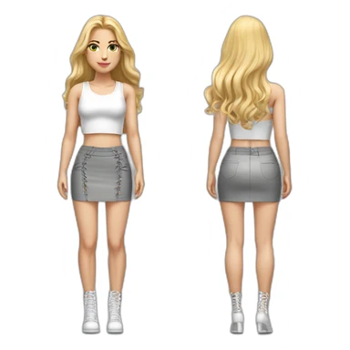 hyperrealistic caucasian female, long straight blonde hair, white lace up crop top, grey mini tight skirt, body view sticker