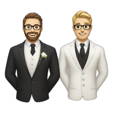 two groom, one with a dark beard and glasses and the other beardless with light hair and white skin sticker