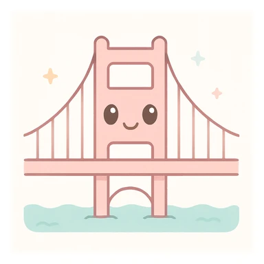 {
  "style_description": {
    "overall_look": "Cute, minimal, and soft with a friendly and playful tone",
    "material_simulation": {
      "primary_material": "flat digital color",
      "texture_detail": "smooth surfaces with no texture or shading",
      "pattern": "none or very simple decorative accents (e.g., hearts, stars)"
    },
    "geometry": {
      "edge_style": "rounded, soft curves with no sharp angles",
      "dimensionality": "flat two-dimensional appearance with simple shapes"
    },
    "color_palette": {
      "scheme": "pastel and light tones",
      "preferred_colors": ["pink", "mint", "lavender", "baby blue", "peach"],
      "contrast": "low contrast with bright accents"
    },
    "facial_features": {
      "eyes": "large, sparkly, often oval or circular",
      "mouth": "small, often a simple curve or dot",
      "expression": "joyful, innocent, or calm"
    },
    "lighting": {
      "type": "none or implied with soft highlights",
      "purpose": "maintain a clean and cheerful look"
    },
    "render_constraints": {
      "avoid": ["realistic shading", "high detail", "dark themes", "texture noise"],
      "focus_on": ["cute expression", "iconic simplicity", "emotional warmth"]
    },
    "background": {
      "color": "white or soft pastel",
      "style": "plain or patterned with simple icons (e.g., polka dots, stars)",
      "lighting_consistency": "no shadows, evenly lit feel"
    }
  }
}

{subject} = golden gate bridge sticker