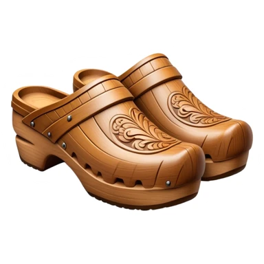 Cinematic Realistic Wooden Clogs Emoji, depicted as a pair of traditionally carved wooden clogs with intricate details and rustic charm. sticker